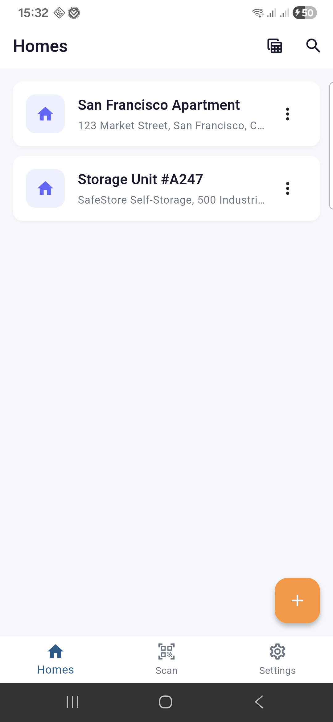 Homes list screen with multiple properties