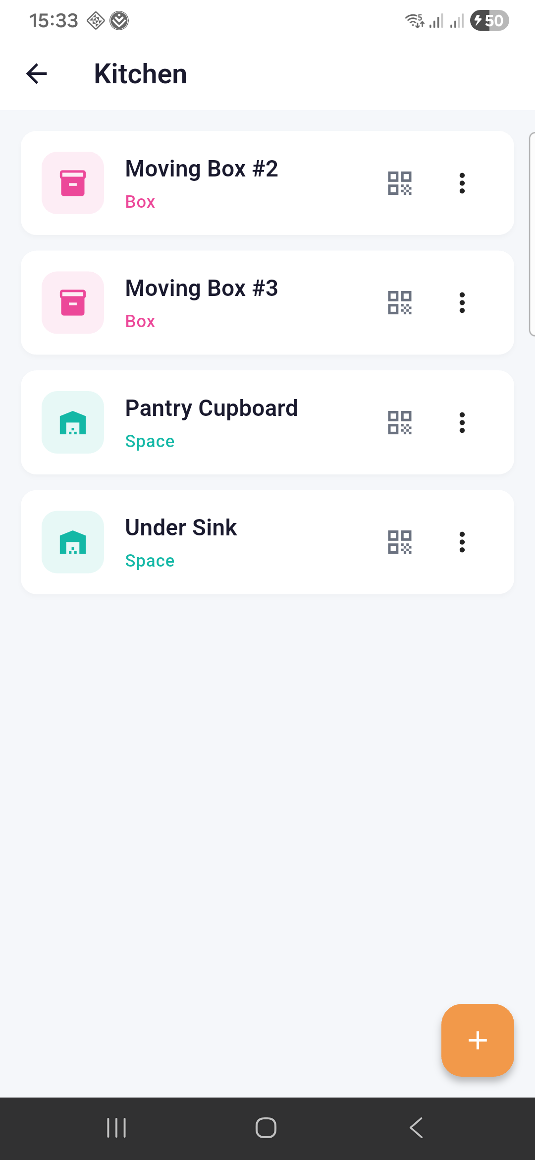Containers screen showing boxes and spaces