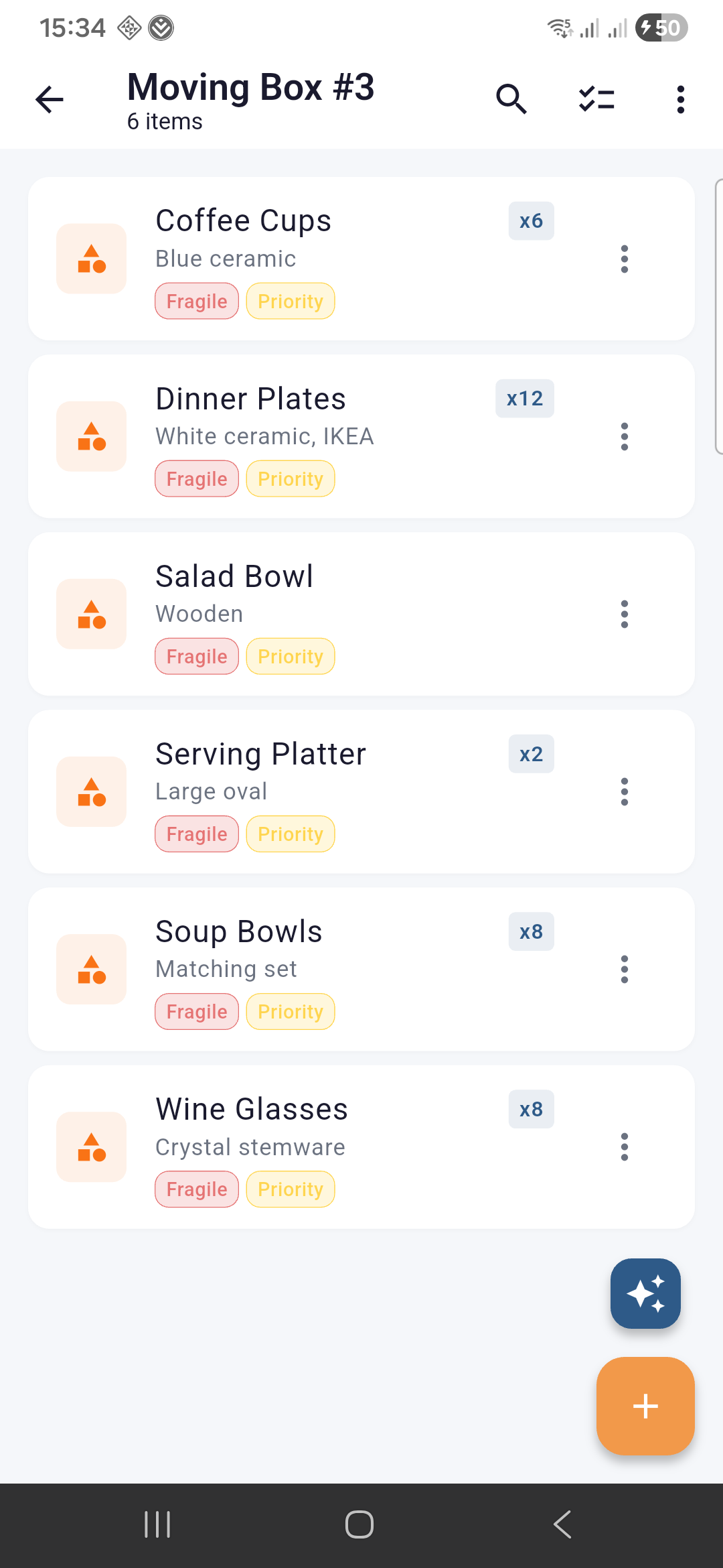 Items list screen showing organized inventory